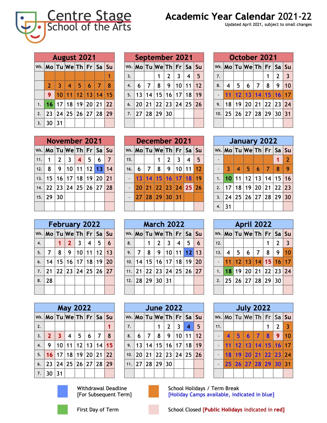 Spring Break Calendar 2022 Term 2 Runs 10 January To 10 April 2022 - Centre Stage